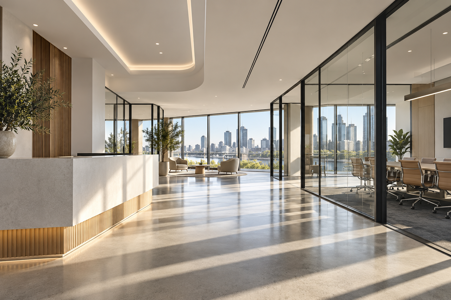 Architectural illustration of a modern commercial interior with plasterboard walls and detailed ceilings